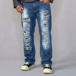 Southpole Distressed Jeans Mens 36x32 Blue Excellent Graphic Backed Ripped Y2K